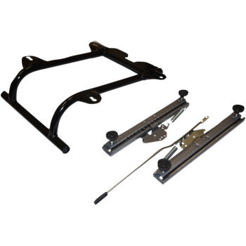The Arctic Cat Seat Bracket by Bs Sand includes a black metal mounting bracket and a pair of silver seat sliders with an adjustment lever, compatible with BS Sand and performance seats, displayed on a white background.