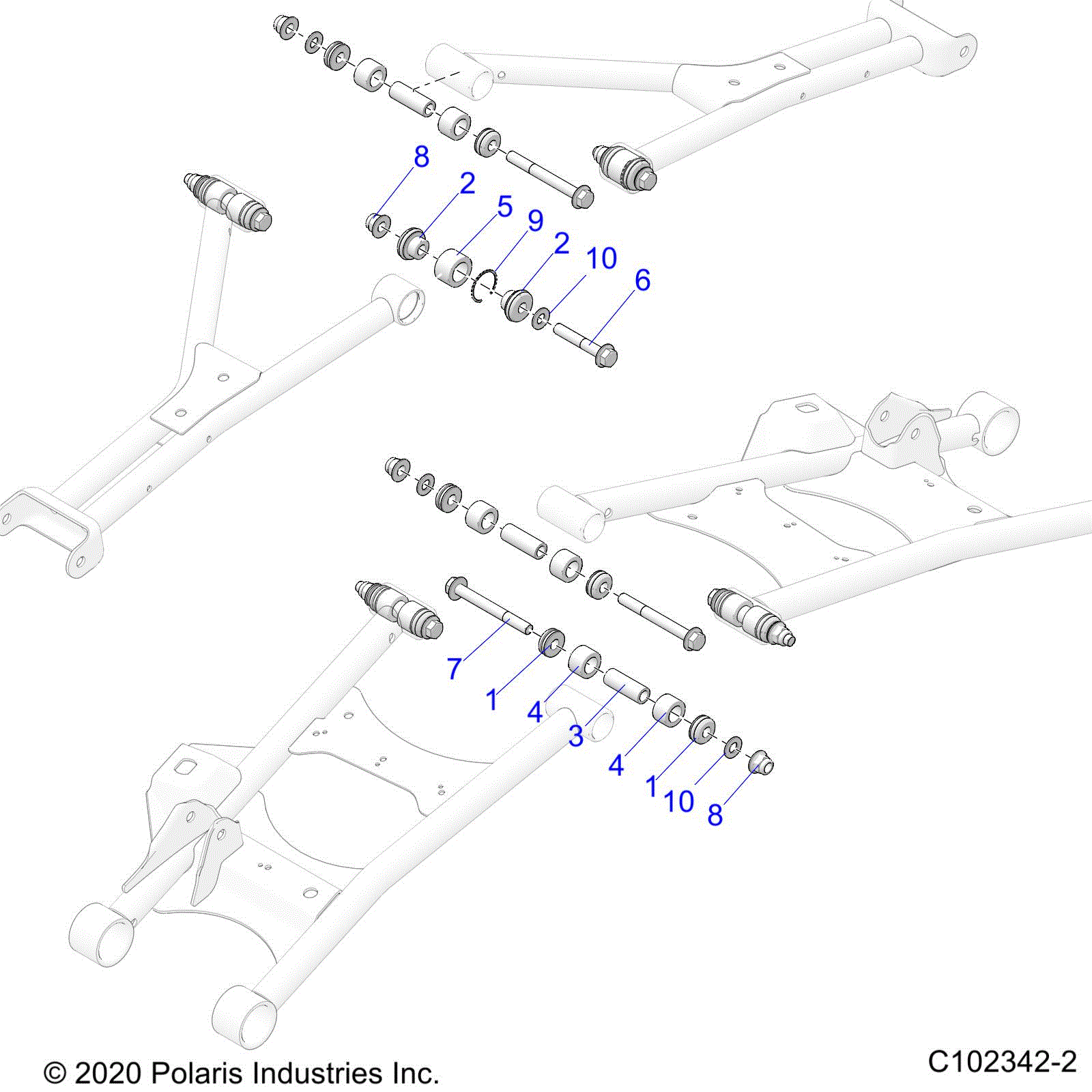 An Image of a Genuine Polaris Parts Schematic Diagram showing the schematic - SUSPENSION: REAR CONTROL ARM MOUNTING - 2020 POLARIS SCRAMBLER XP 1000 55"