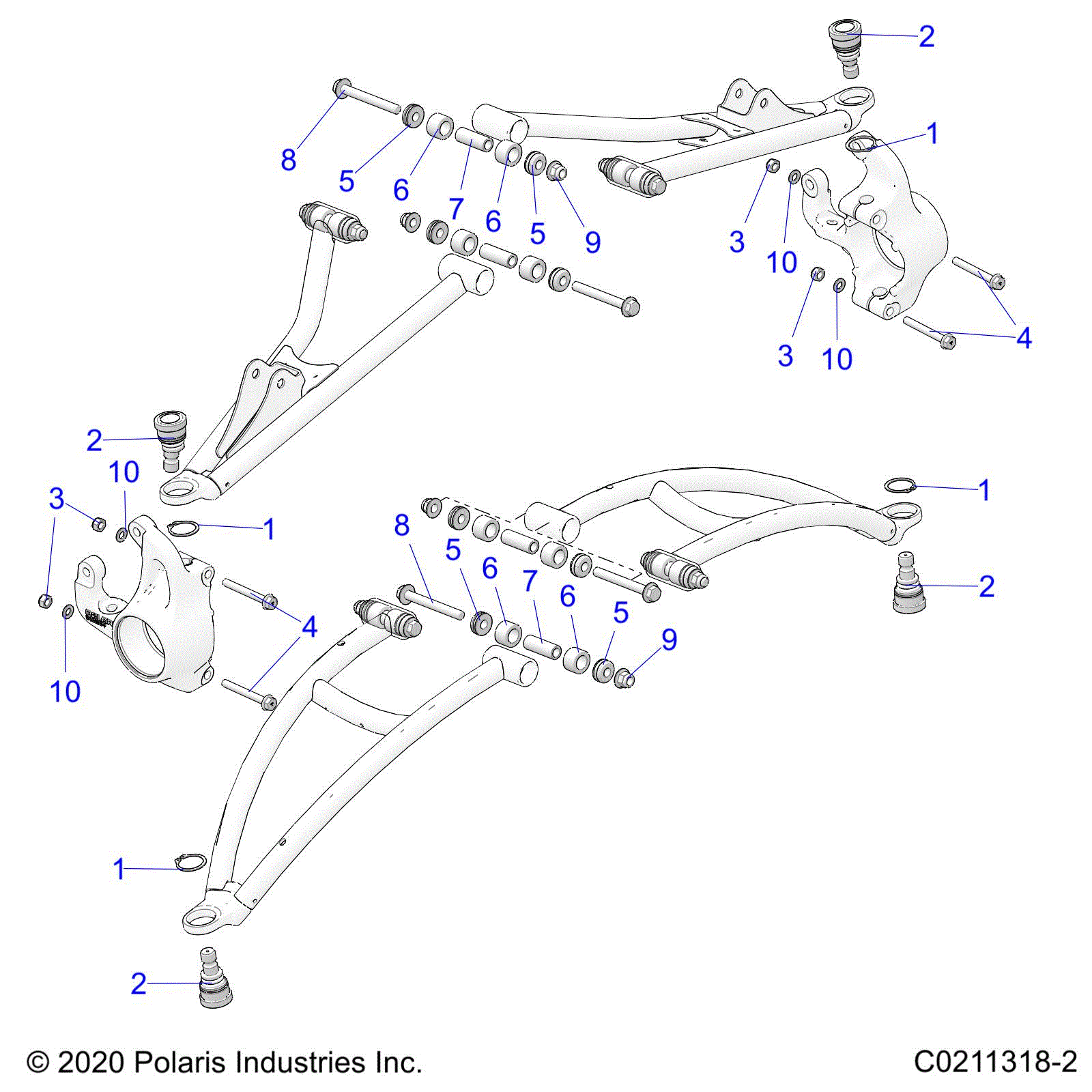 An Image of a Genuine Polaris Parts Schematic Diagram showing the schematic - SUSPENSION: FRONT A-ARM MOUNTING - 2023 POLARIS SPORTSMAN 850 48" ULTIMATE TRAIL