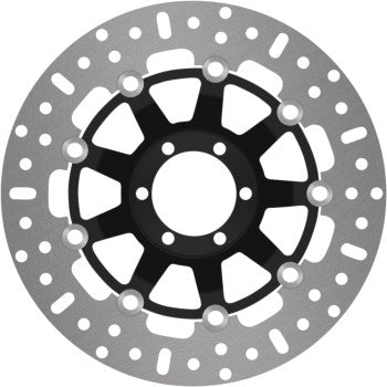 A close-up image features the Ebc Brake Rotor - Floating, a circular motorcycle brake disc with a silver drilled outer ring and a black center hub designed with multiple attachment points.