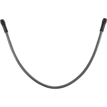 The KARBONFIBR Brake Line 19" by Magnum Shielding features PTFE inner tubing, black connectors at both ends, and a flexible braided metal hose, shown curved in a U-shape on a white background.