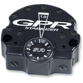 A black Yamaha YFZ Steering Damper by Gpr with white labeling and a numbered dial marked "GPR Stabilizer 1.0" on top. This compact, rounded rotary damper features multiple screws for secure installation.