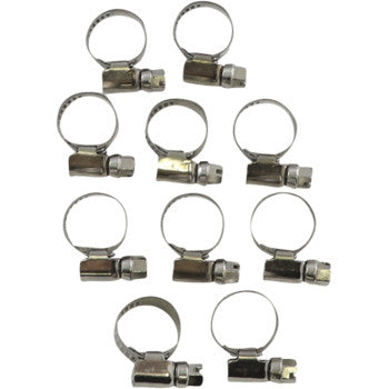 Ten Embossed Hose Clamp 10-16 mm by Parts Unlimited are arranged in four rows on a white background. Each clamp features an adjustable circular band and a low profile screw head for secure tightening.