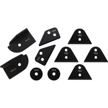 Set of black metal brackets and spacers with smooth matte finish for Polaris RZR lift kit installation.
