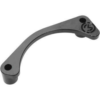 The Engine Case Saver Black by Moose Offroad is a CNC-machined, curved black metal bracket with two holes at each end and a small circular logo embossed on its upper surface.
