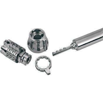 Receiver Combo Lock by Trimax disassembled, displaying internal lock components and the heavy-duty collar, along with the cylindrical tubular pick tool, all shown on a white background.