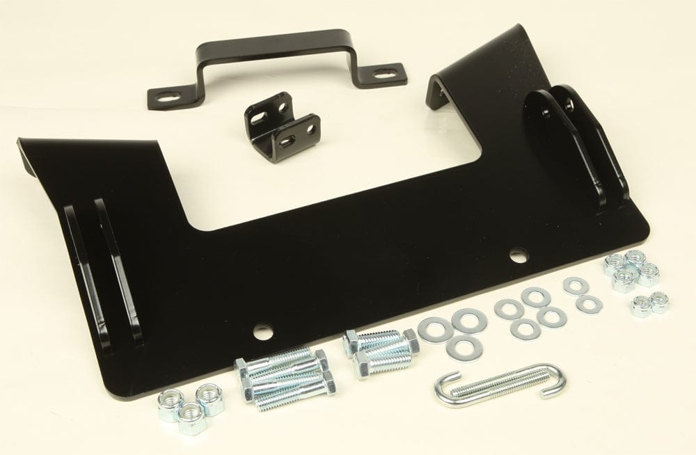 The Can-Am Provantage Center Snow Plow Mounting Kit By Warn, featuring black metal brackets, washers, nuts, bolts, a U-shaped hook, and an ATV mounting plate, is arranged neatly on a light surface—ideal for plowing tasks.