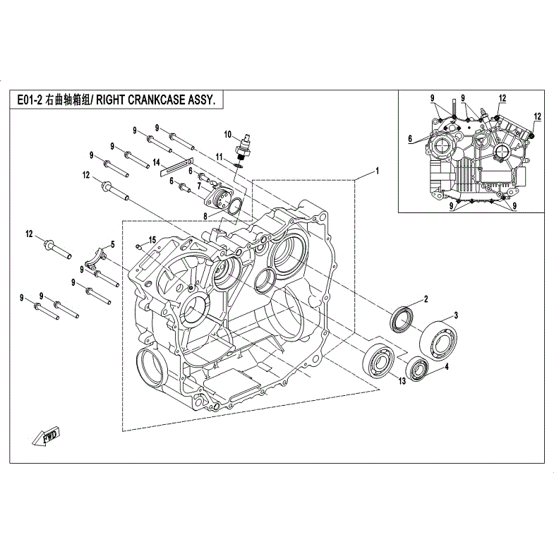 An Image of a genuine CFMOTO Parts Schematic Diagram showing the group - RIGHT CRANKCASE ASSY. - 2018 CFMOTO CFORCE 400