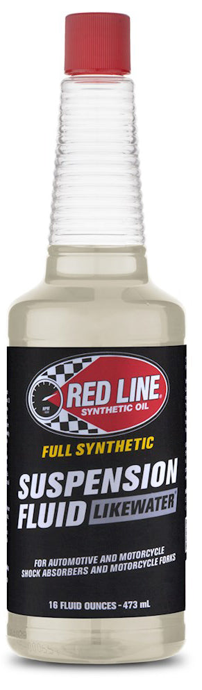 A 16oz bottle of Red Line Synthetic Suspension Fluid Likewater, a full synthetic fluid with superior shear stability for automotive and motorcycle shock absorbers and forks.