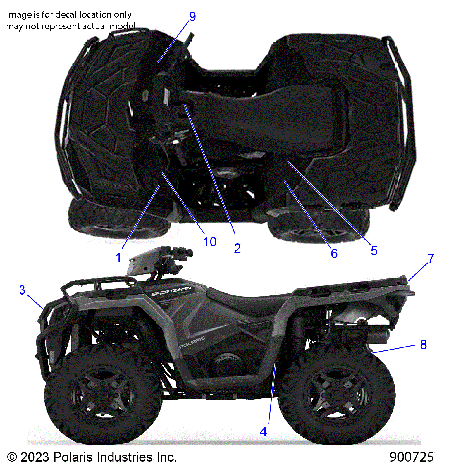 An Image of a Genuine Polaris Parts Schematic Diagram showing the schematic - BODY: DECALS STANDARD - 2024 POLARIS SPORTSMAN 570 EPS EBS TRAIL