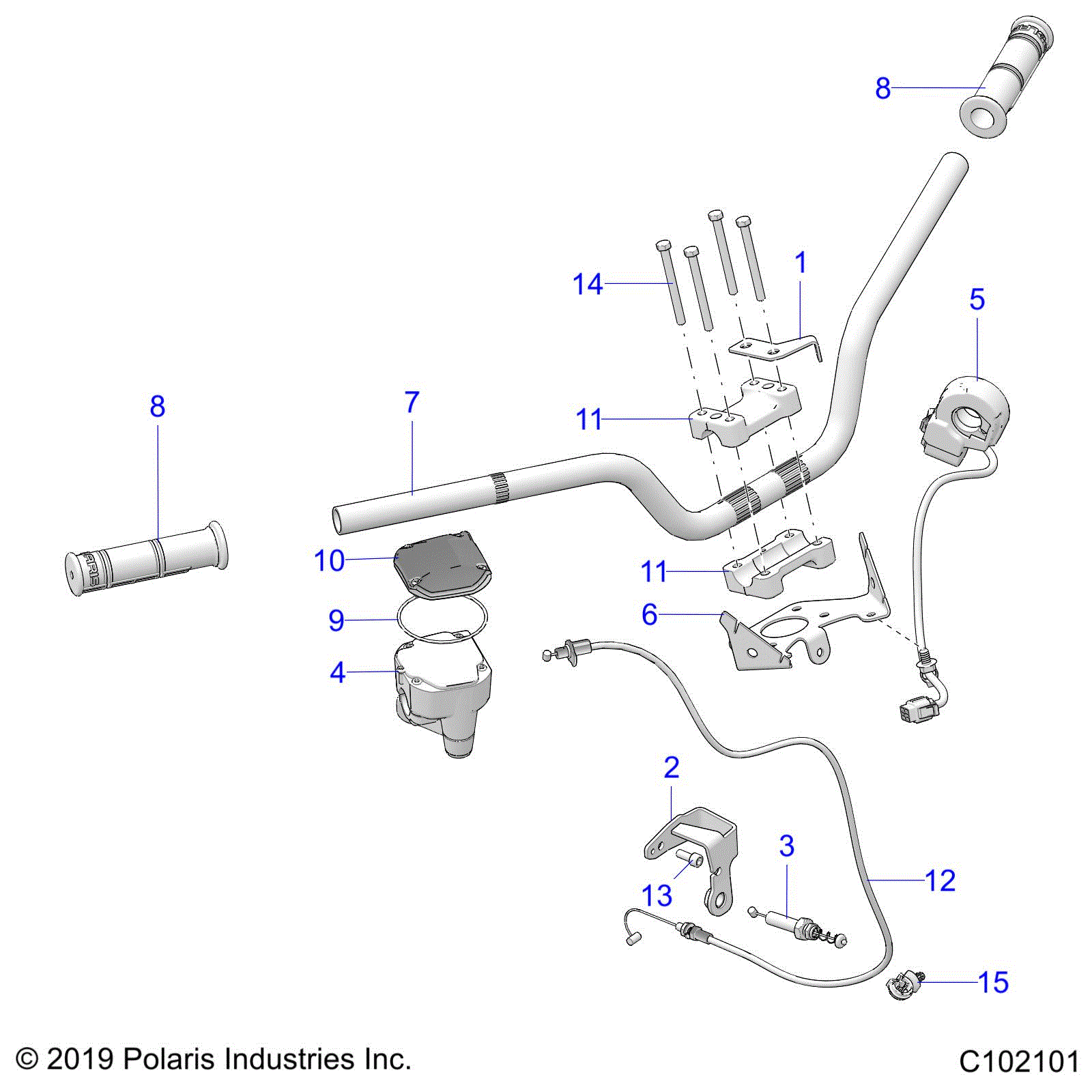 An Image of a Genuine Polaris Parts Schematic Diagram showing the schematic - STEERING: HANDLEBARS - 2023 POLARIS OUTLAW 70
