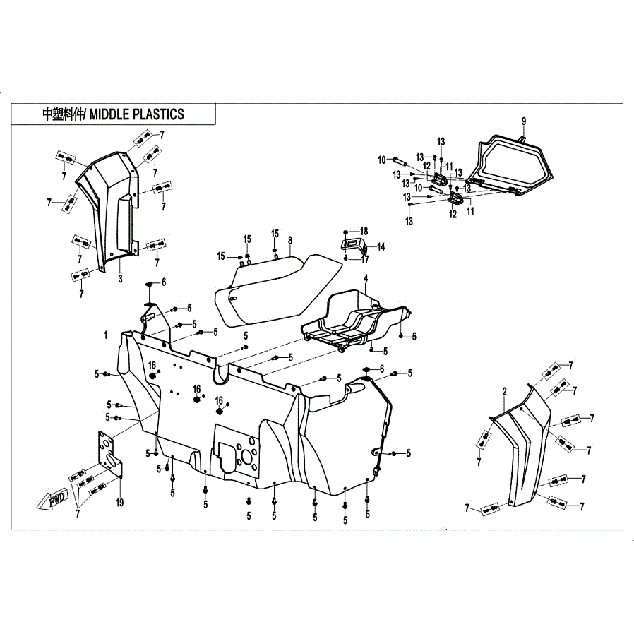 An Image of a Genuine CFMOTO Parts Schematic Diagram showing the schematic - MIDDLE PLASTICS - 2019 CFMOTO ZFORCE 800 EX