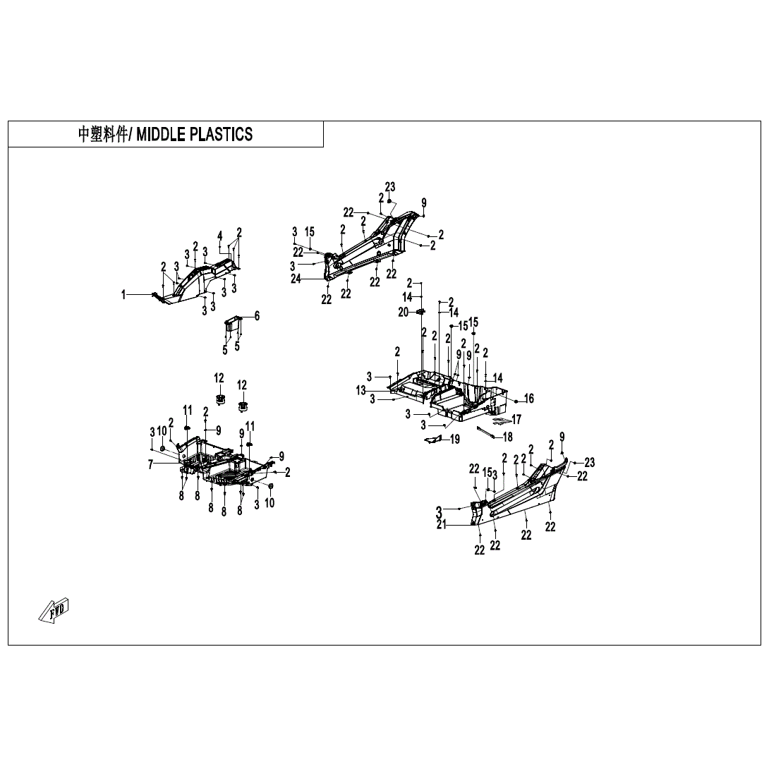 An Image of a Genuine CFMOTO Parts Schematic Diagram showing the schematic - MIDDLE PLASTICS - 2025 CFMOTO ZFORCE 950 Sport