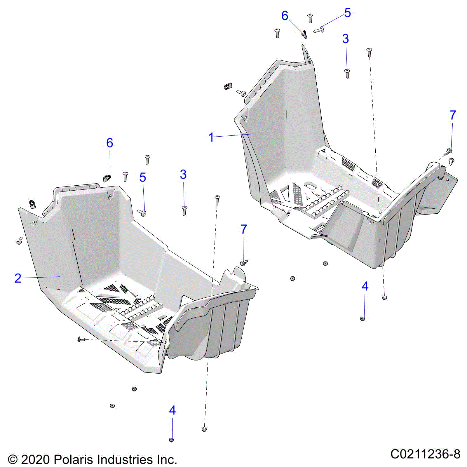 An Image of a Genuine Polaris Parts Schematic Diagram showing the schematic - BODY: FOOTWELLS - 2024 POLARIS SPORTSMAN 570 EPS