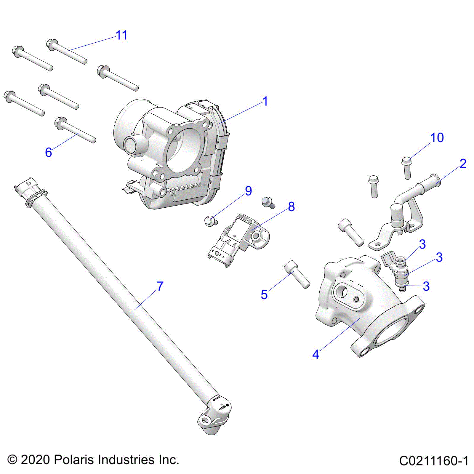 An Image of a Genuine Polaris Parts Schematic Diagram showing the schematic - ENGINE: THROTTLE BODY and FUEL RAIL EVAP - 2020 POLARIS SPORTSMAN 570 UTILITY