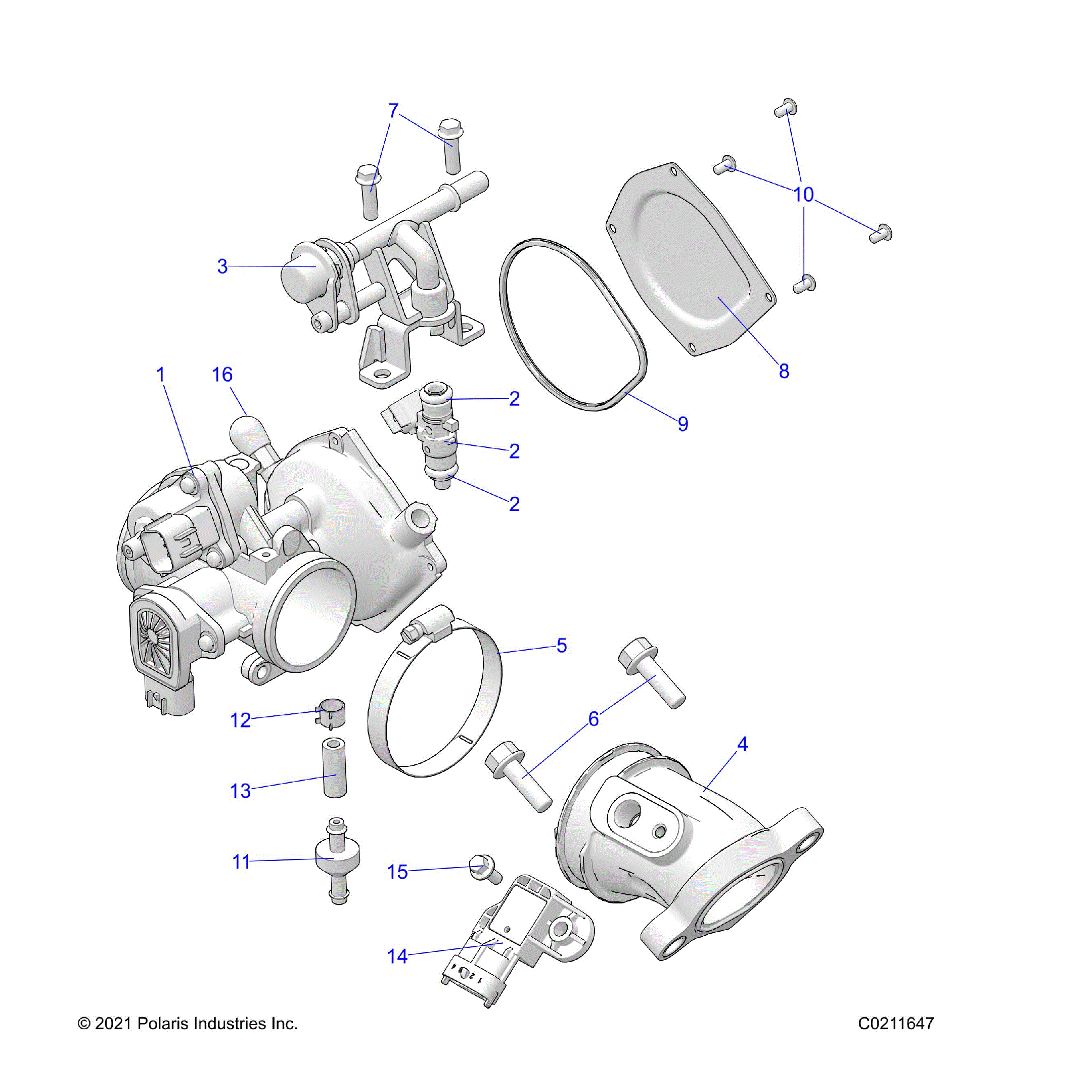 An Image of a Genuine Polaris Parts Schematic Diagram showing the schematic - ENGINE: THROTTLE BODY and FUEL RAIL - 2024 POLARIS SPORTSMAN TOURING 570 EPS