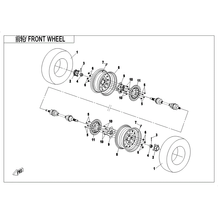 An Image of a genuine CFMOTO Parts Schematic Diagram showing the group - FRONT WHEEL - 2019 CFMOTO CFORCE 400