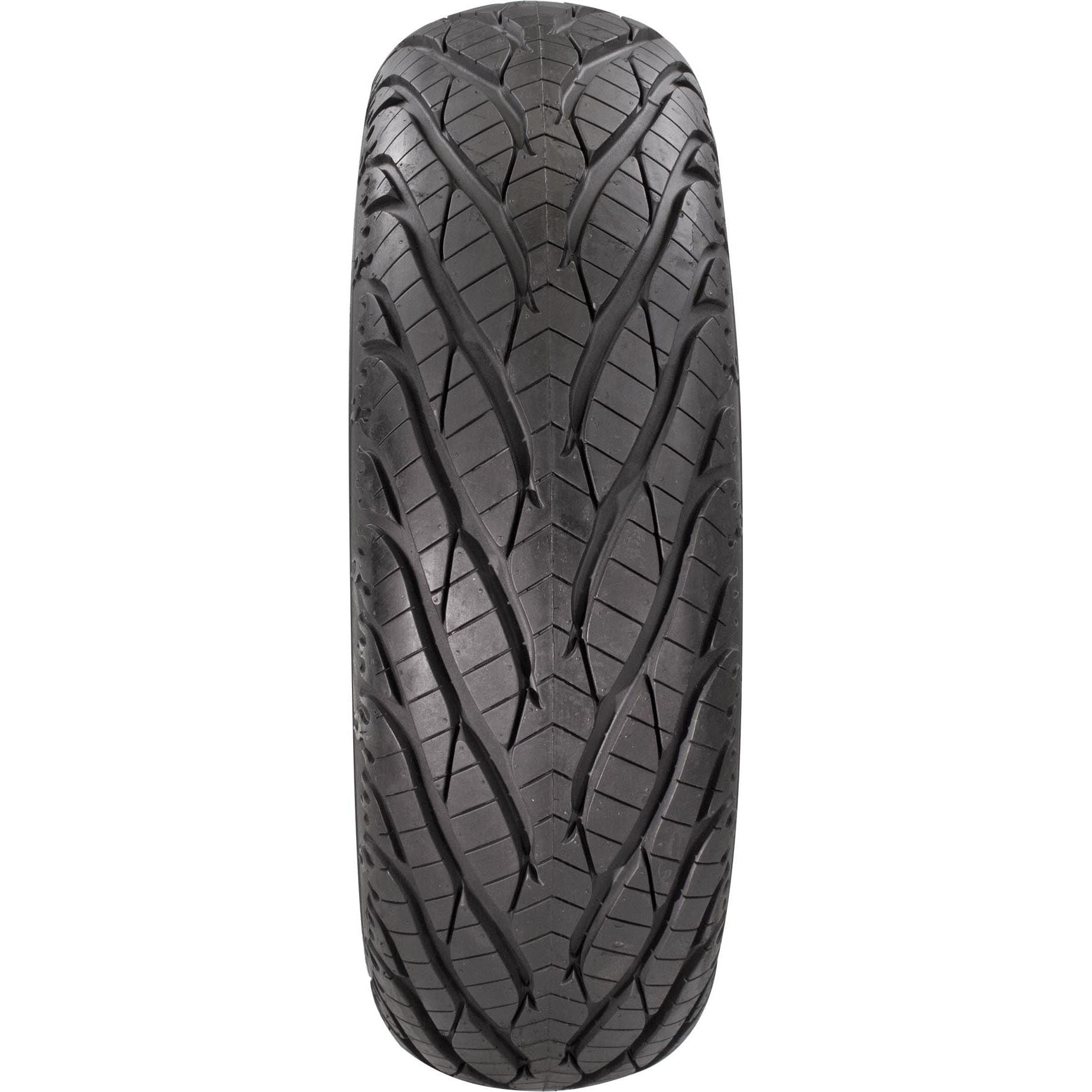A close-up, top-down view of the GBC Tire Street Force 26X9R-14 shows its deeply siped tread with diagonal grooves and a central V-shaped design, engineered to boost off-road performance.