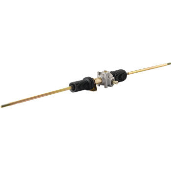 The Steering Rack by Moose Offroad features a metallic assembly with black rubber boots and yellow-gold tie-rod ends on both sides, designed for use in automotive steering systems.