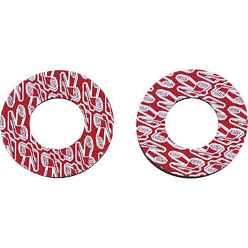Two Grip Donutz Red by Renthal, round red washers with large central holes and a white toothbrush pattern for blister prevention, are shown side by side on a white background.