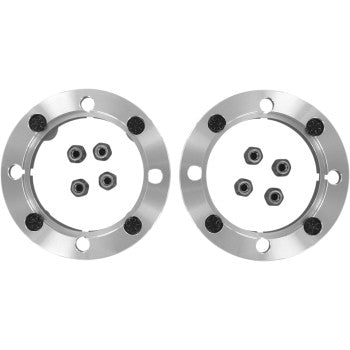 Two Polaris Spacer with Stud Wheel Rear 4 156 1 by High Lifter, round silver metal spacers with four black hex bolts in the center and four outer holes, are arranged symmetrically on a white background.
