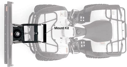Top view diagram of a Polaris SXS Provantage Front Snow Plow Mounting Kit By Warn attached to an ATV, labeling the mount kits connection point and highlighting its corrosion-resistant durability.