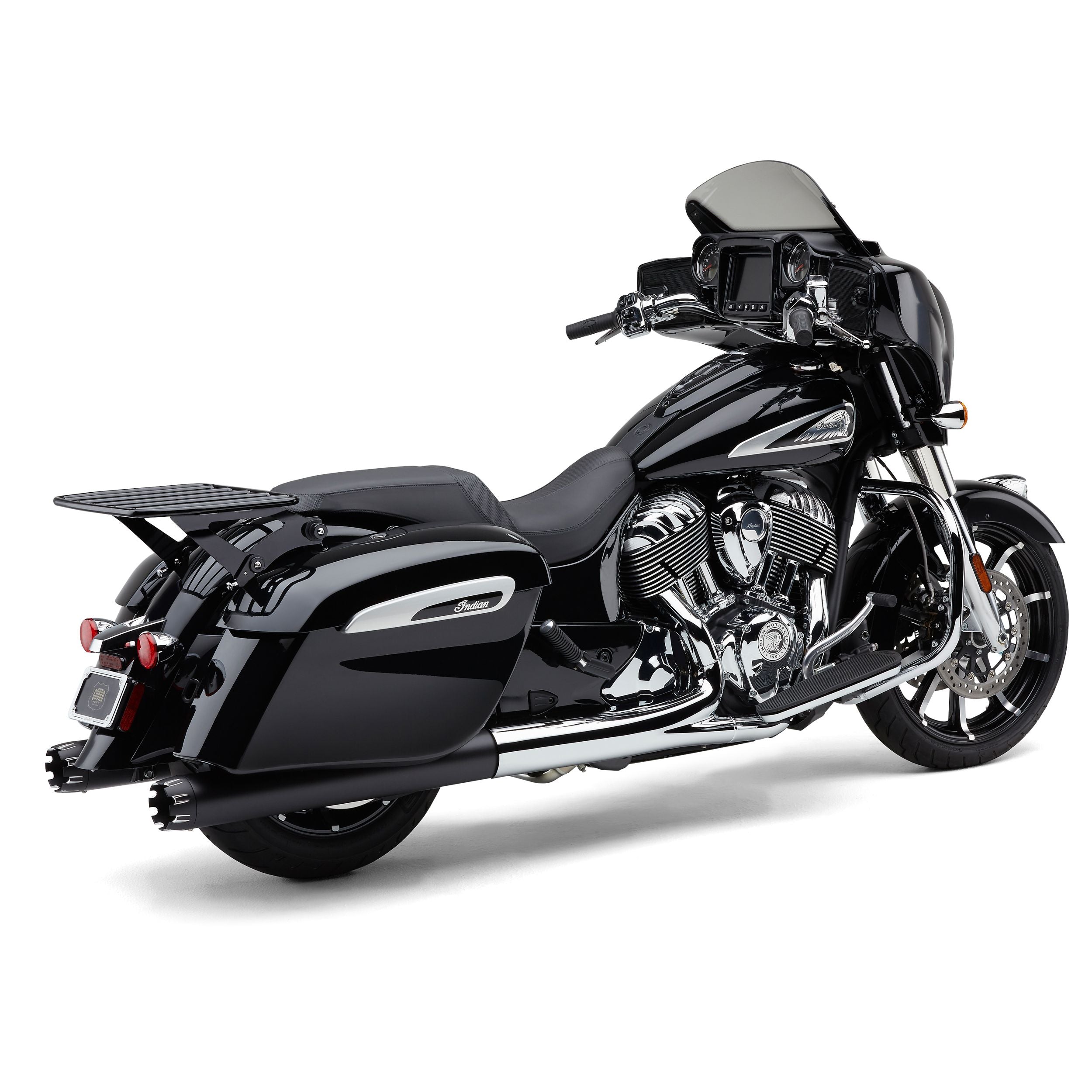 A sleek black touring motorcycle with chrome accents, large saddlebags, and a Cobra Detachable Big-Ass Flat Luggage Rack (steel, black) for Indian Chieftain 14-24, plus a bold front fairing with windshield.