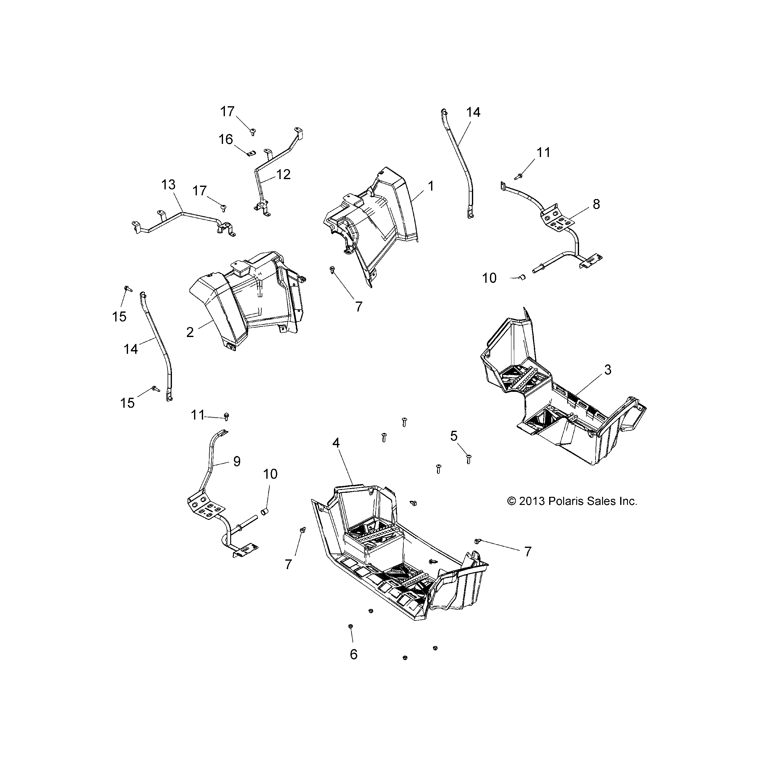 An Image of a Genuine Polaris Parts Schematic Diagram showing the schematic - BODY: REAR CAB and FOOTWELLS - 2016 POLARIS SPORTSMAN 570 EFI UTE HD