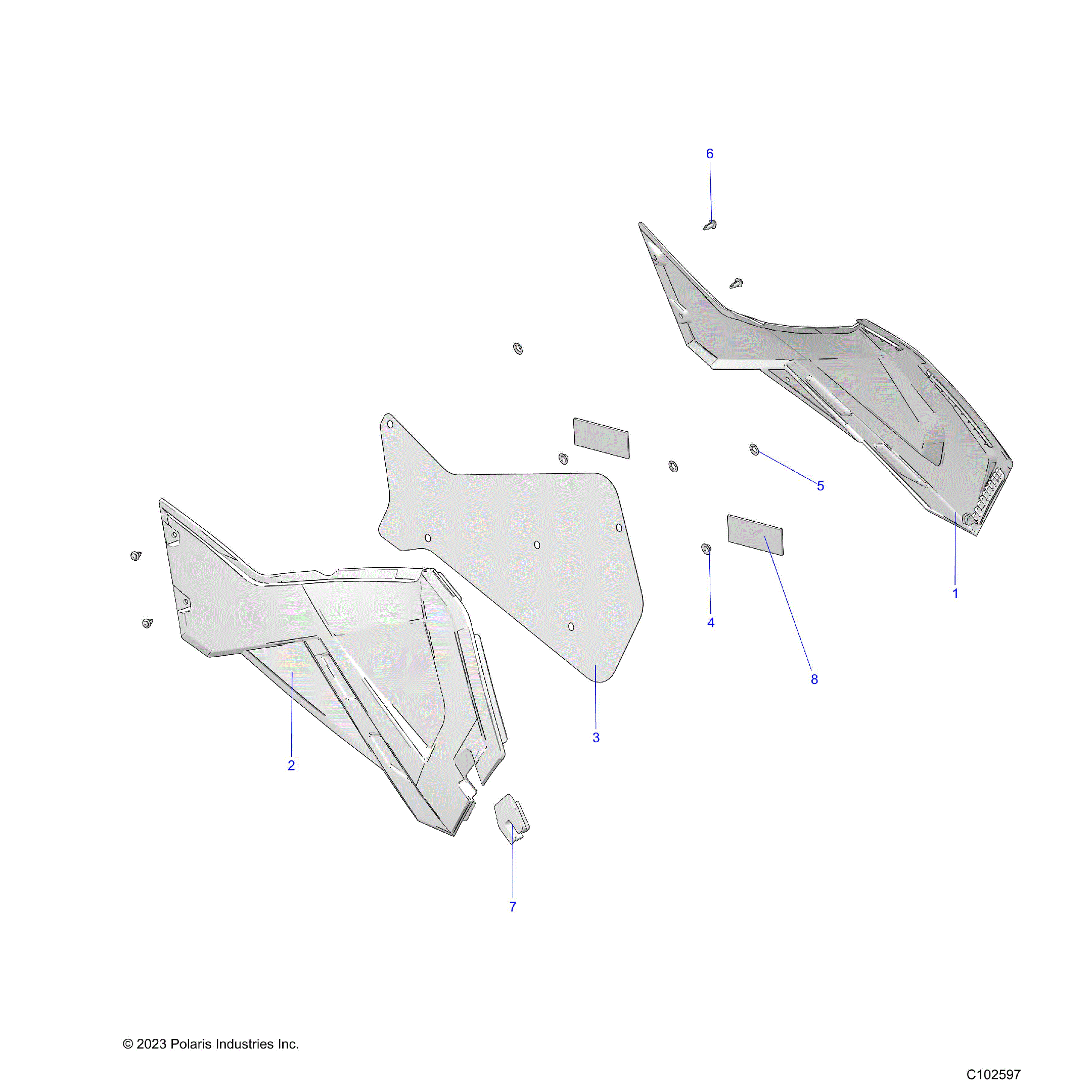 An Image of a Genuine Polaris Parts Schematic Diagram showing the schematic - BODY: SIDE PANELS - 2024 POLARIS SPORTSMAN TOURING 570 EPS