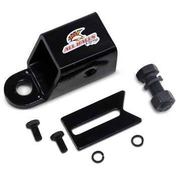 EZ Hitch Ball Adapter 2" by All Balls, a black metal bracket kit with bolts, washers, and rectangular plate. Rust-resistant with an All Balls Racing logo sticker—perfect for ATV or UTV hitch installations. Shown on a white background.