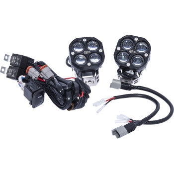 The LED Pod Lights Green by Rivco Products, featuring IP68 waterproofing, harnesses, switches, connectors, and relays, are shown on a white background.