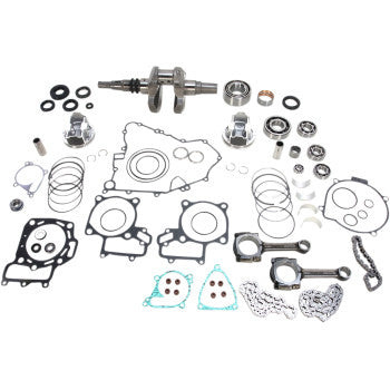 The Kawasaki Teryx Kawasaki Brute Force Engine Rebuild Kit 750 by Vertex includes assorted gears, bearings, seals, springs, chains, metal plates, and a piston kit arranged neatly on a white background.