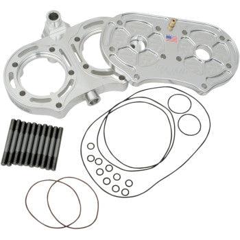 The Cool Head Shell Kit by Pro Design features machined metal engine components, including two large aluminum plates, multiple O-rings, gaskets, and black threaded rods for enhanced torque and improved engine performance.