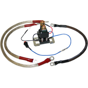 The Battery Isolator by Namz features red and black wires with ring terminals, a blue control wire, and metal mounting brackets—perfect for battery isolator setups or managing UTV dual batteries and auxiliary battery systems.