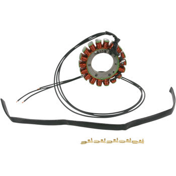Circular stator coil with copper windings and attached black wires, accompanied by a black protective strip and small brass.