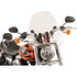 A motorcycle with orange flame detailing on the fuel tank, black handlebars with mirrors, two orange front turn signals, and a clear 15 Spitfire Windshield by Slipstreamer.