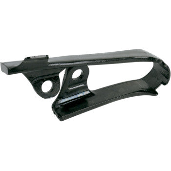 The Kawasaki KFX Front Chain Slider Black by Moose Offroad is a U.S.-made black metal guide with two mounting holes and a curved design, designed to align and protect your bike chain for easy installation.