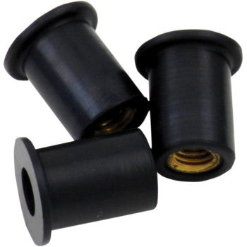 Fifty black M5 rubber well nuts with brass threaded inserts from the Nuts Well M5 50 Pack by Bolt, displayed on a white background.