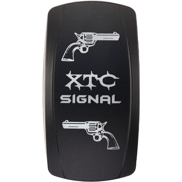 A black rocker switch labeled Turn Signal Vertical XTC from XTC Power, with white text and illustrations of two revolvers—one above and one below the label—pointing toward the center.