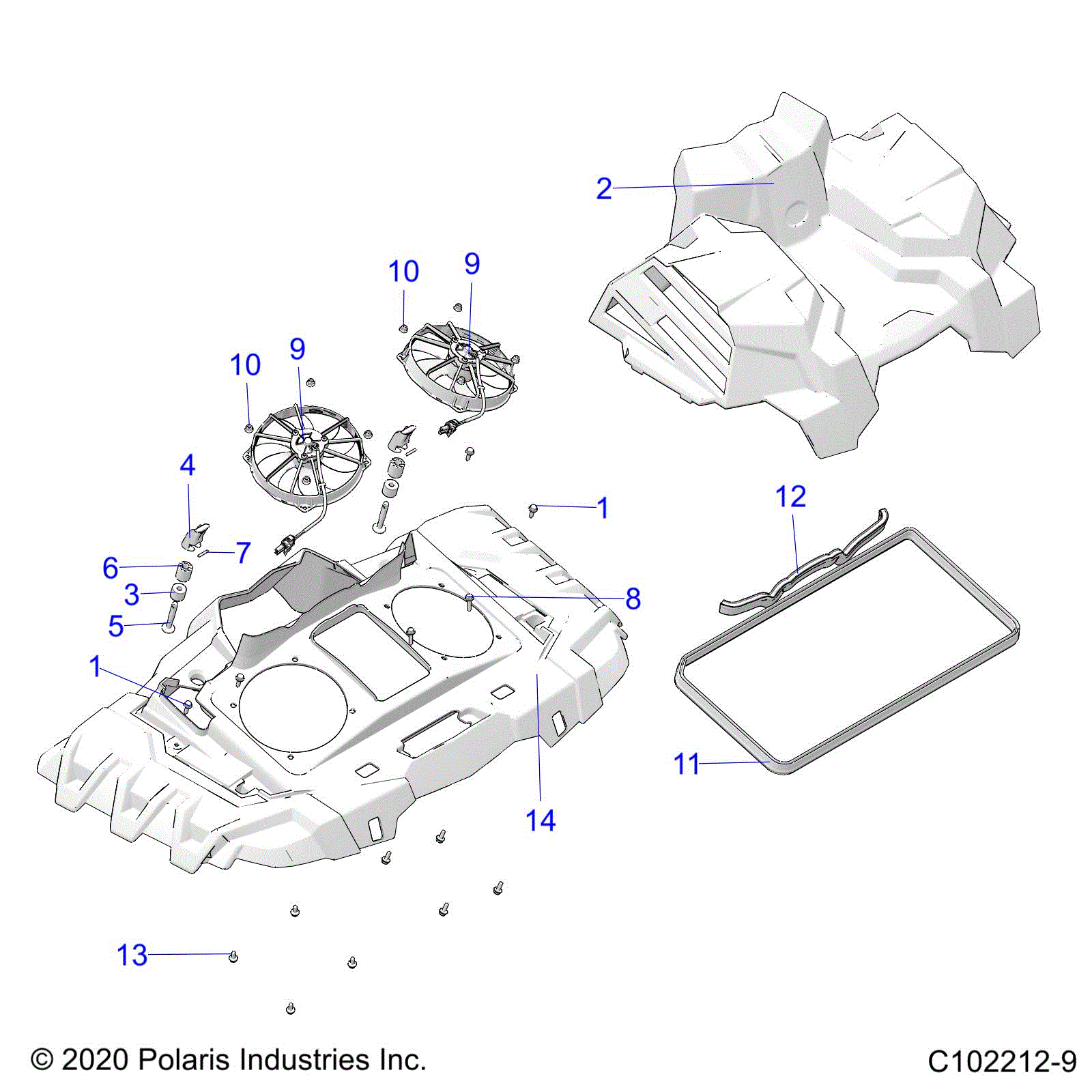 An Image of a Genuine Polaris Parts Schematic Diagram showing the schematic - ENGINE: COOLING SYSTEM FANS AND SHROUDS - 2021 POLARIS SPORTSMAN 850 HIGH LIFTER