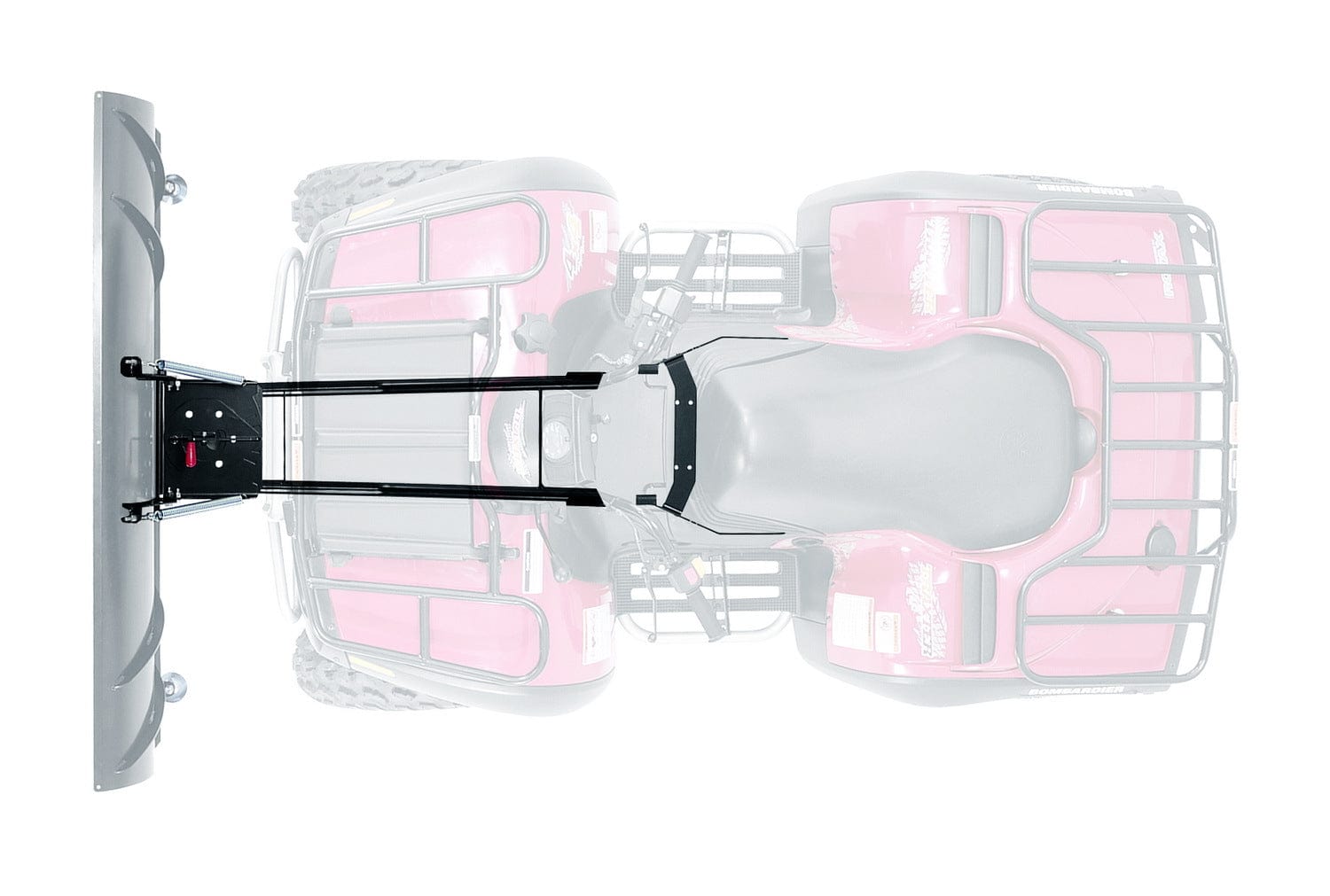 Top view of a red ATV with a large black snow plow attached at the front, featuring the Kawasaki Provantage Center Snow Plow Mounting Kit by Warn for efficient and secure plowing operations.