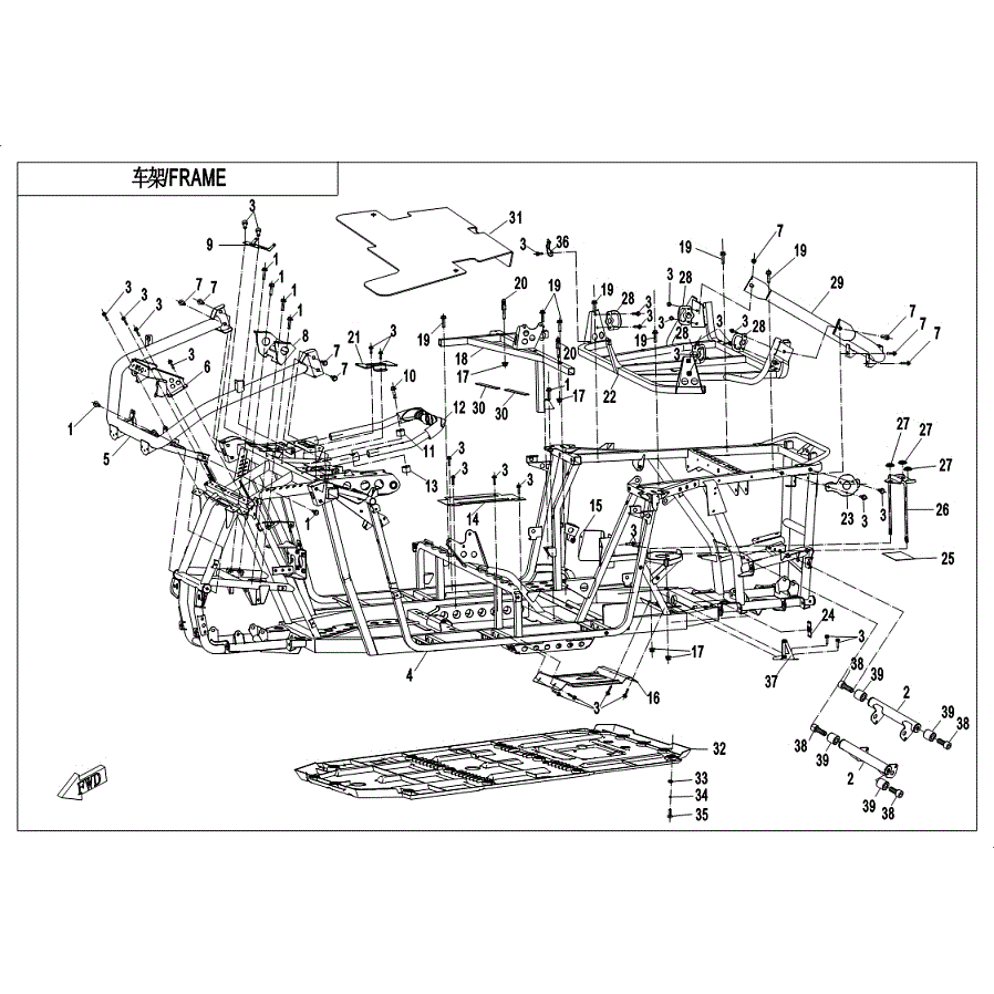 An Image of a Genuine CFMOTO Parts Schematic Diagram showing the schematic - FRAME (2018) - 2019 CFMOTO ZFORCE 500