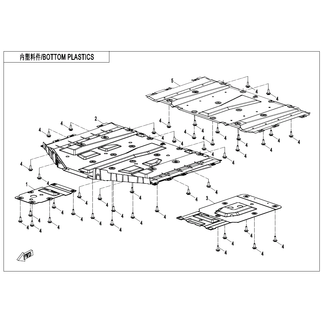 An Image of a Genuine CFMOTO Parts Schematic Diagram showing the schematic - BOTTOM PLASTICS - 2025 CFMOTO UFORCE U10XL PRO HIGHLAND