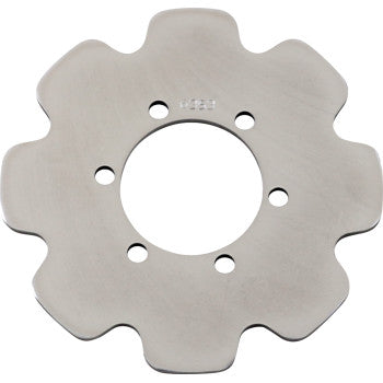 The Polaris UTV Rotor by Ebc is a silver, metallic, six-lobed circular disc with a large central hole and five smaller evenly spaced holes, made from heat-treated stainless steel.