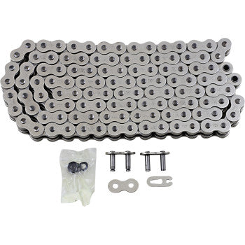 The 520 X1R3 Chain Nickel 124 Link by JT Chains is coiled with connecting pins, a master link, clip, and extra parts neatly displayed on a white background.