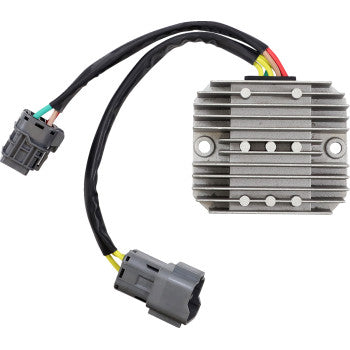 The Yamaha Regulator / Rectifier by Ricks Motorsport Electric features heat sink fins, dual black cables, and gray plastic connectors, designed for use in motorcycles or small engines.