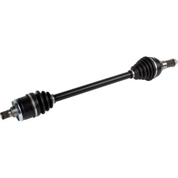 Black metal axle shaft with rubber protective boots on both ends and silver mounting points, designed for Kawasaki Teryx.