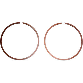 Two identical, thin, circular rings from the Ring Set by Wiseco, each with a small gap, are placed side by side on a white background.
