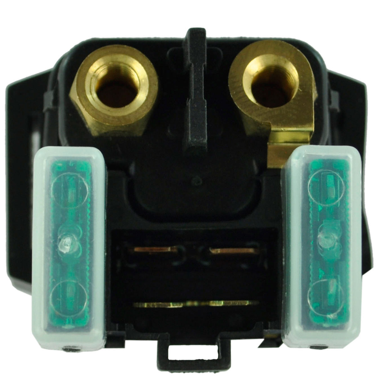Black rectangular starter relay solenoid with two large brass terminal connectors and two translucent blue-green fuses on.