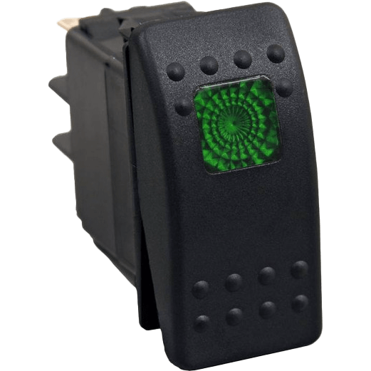 The Lighted Rocker Switch Green by Open Trail features a black, textured surface and a spiral-patterned green illuminated center. Designed for 12-24 volt systems, its ideal for controlling electronic devices.